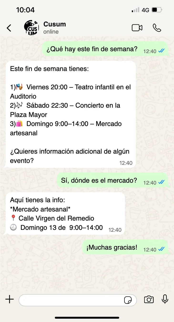 Vista de conversaciones y actualizaciones locales en Cusum